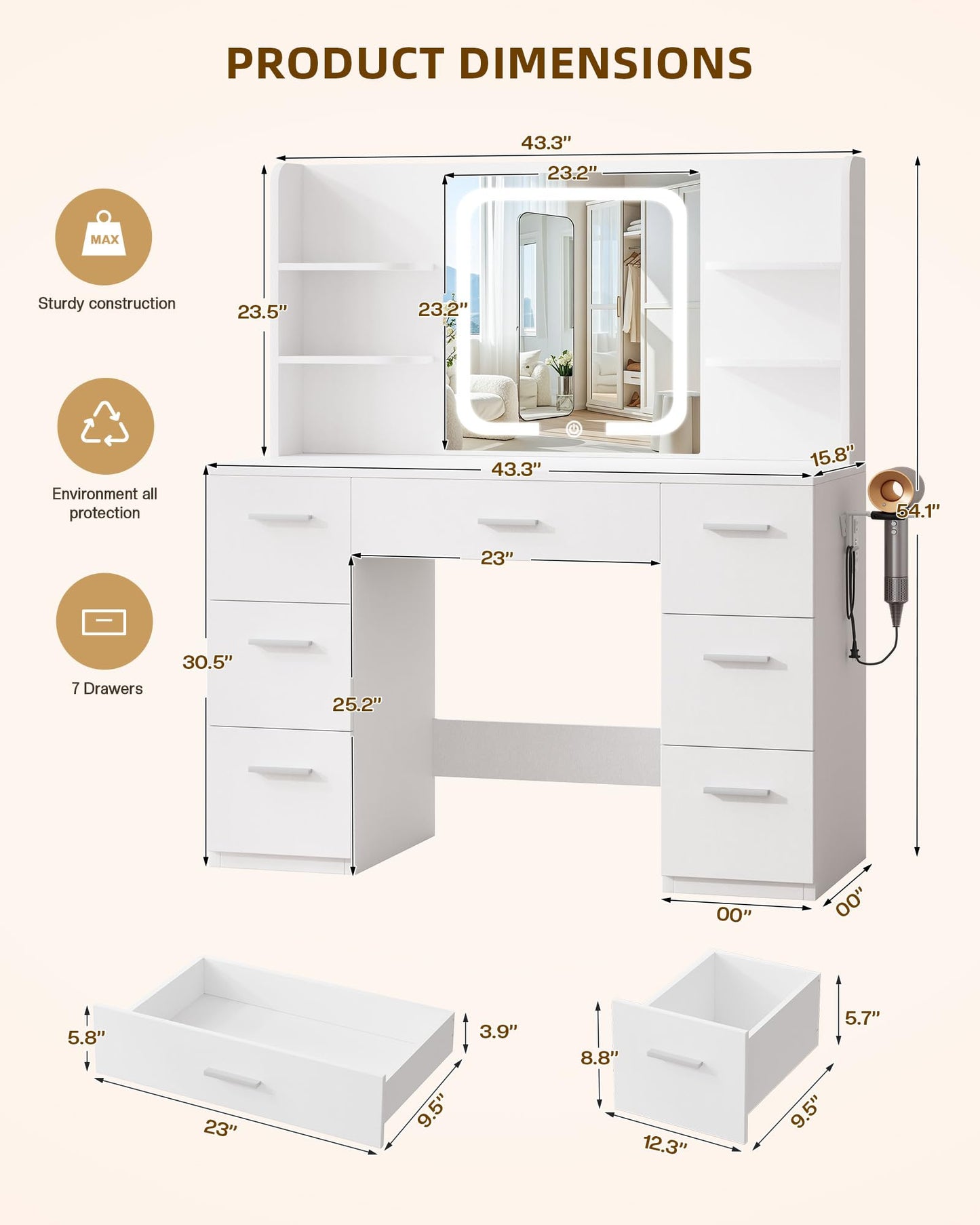 LIVELYGLOW White Large Makeup Vanity Desk with Smart LED Mirror & Power Station, 43" Professional Dressing Table with 7 Drawers, 4 Open Shelves & Hairdryer Holder for Bedroom