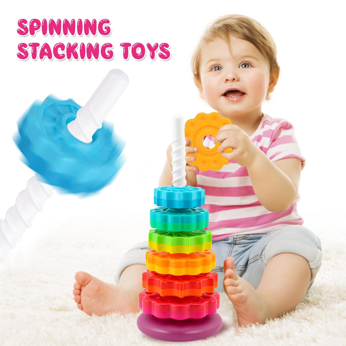 Eivaai Baby Spinning Stacking Toys Sensory Toys for Toddlers 1-3, Rainbow Ring Spin Montessori Toys for Babies 12 Months, Autism Learning Toy for 1 2 3 One Year Old Girl Boy Christmas Birthday Gifts