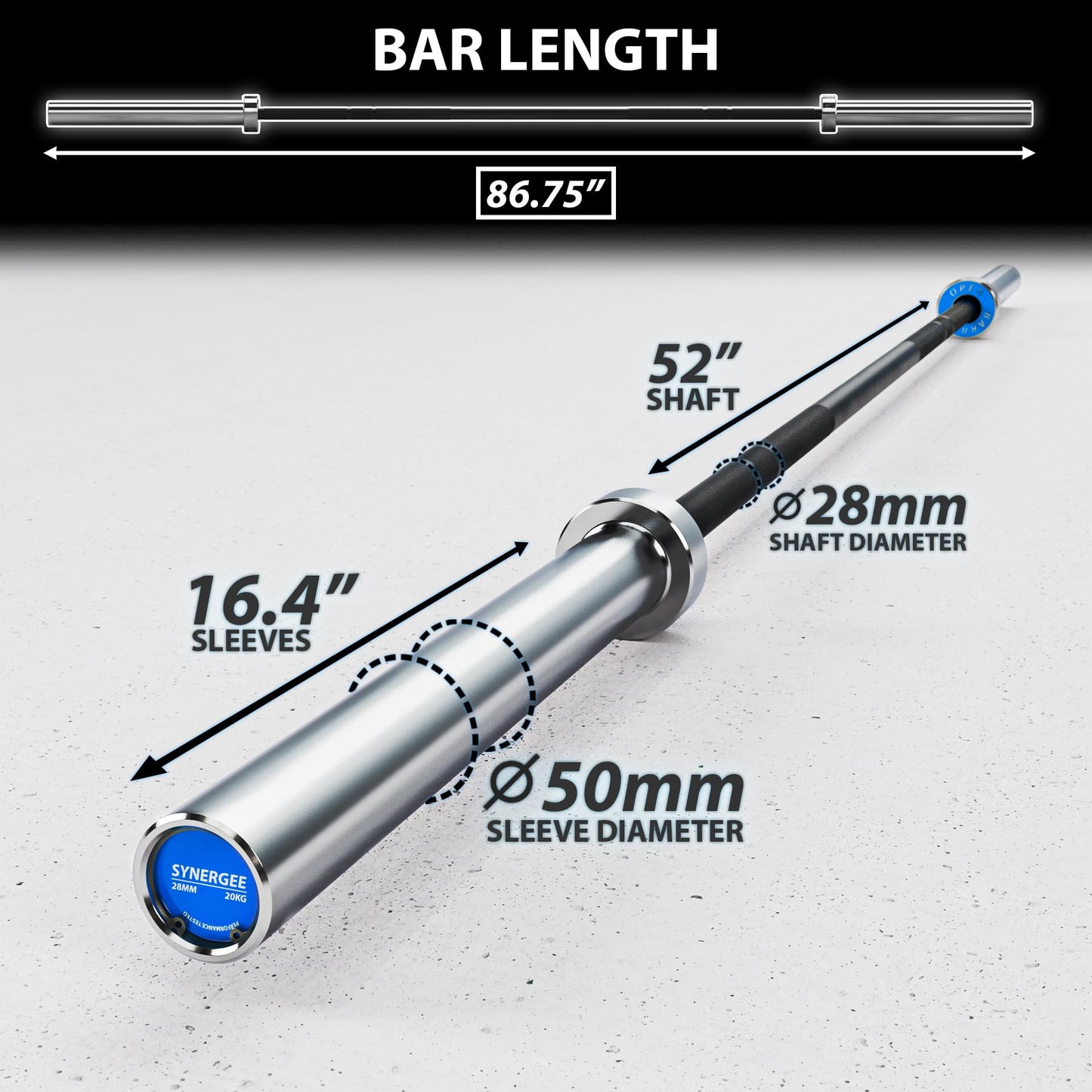 Synergee Open 20kg Men's Black Phosphate Shaft and Chrome Sleeve Olympic Barbell. Rated 1000lbs for Weightlifting and Powerlifting.