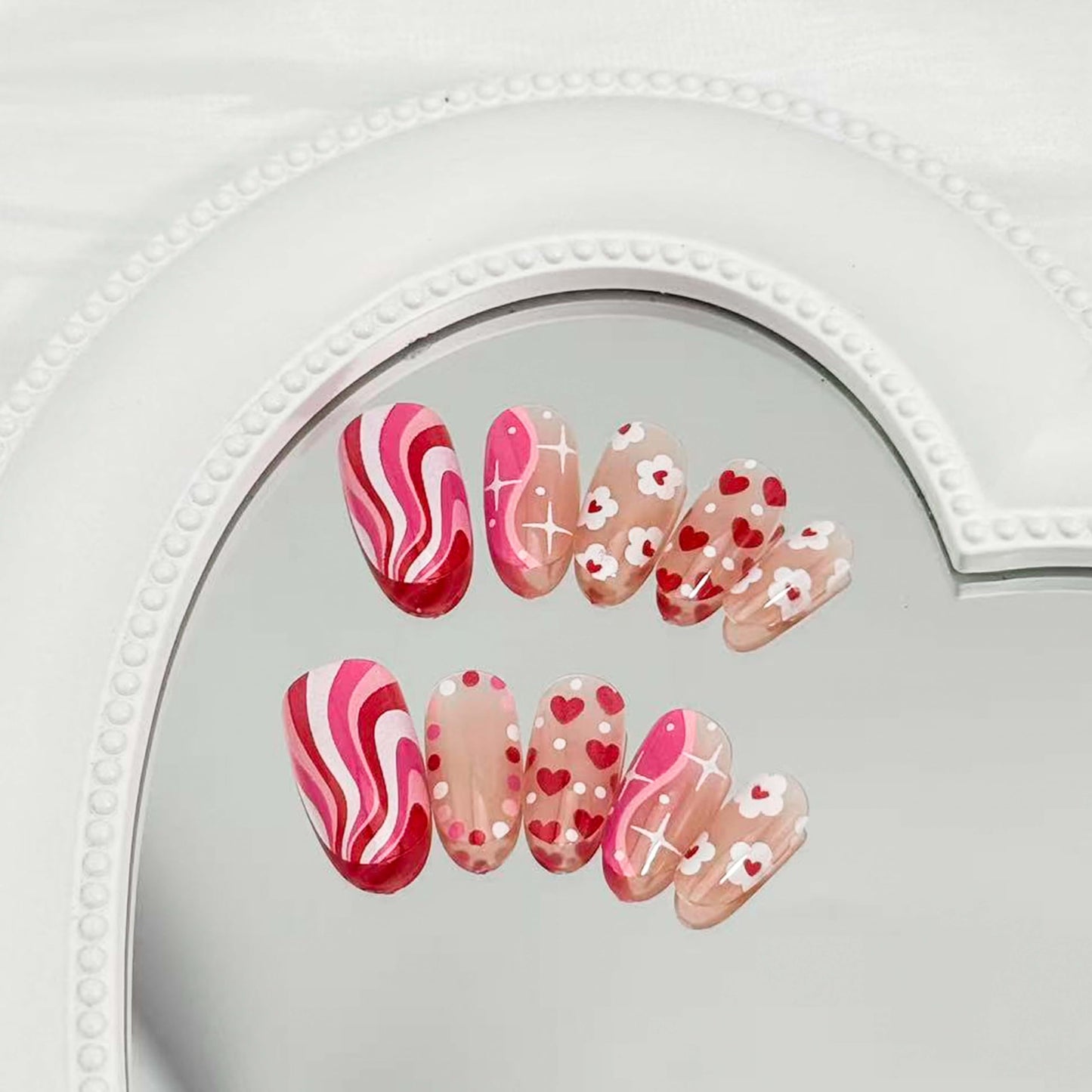 24Pcs Valentines Press on Nails Short Almond Red Heart Fake Nails with Flower Stripe Star Design Glue on Nails Pink Glossy Holiday False Nails for Women DIY Valentine Nail Decoration Supplies