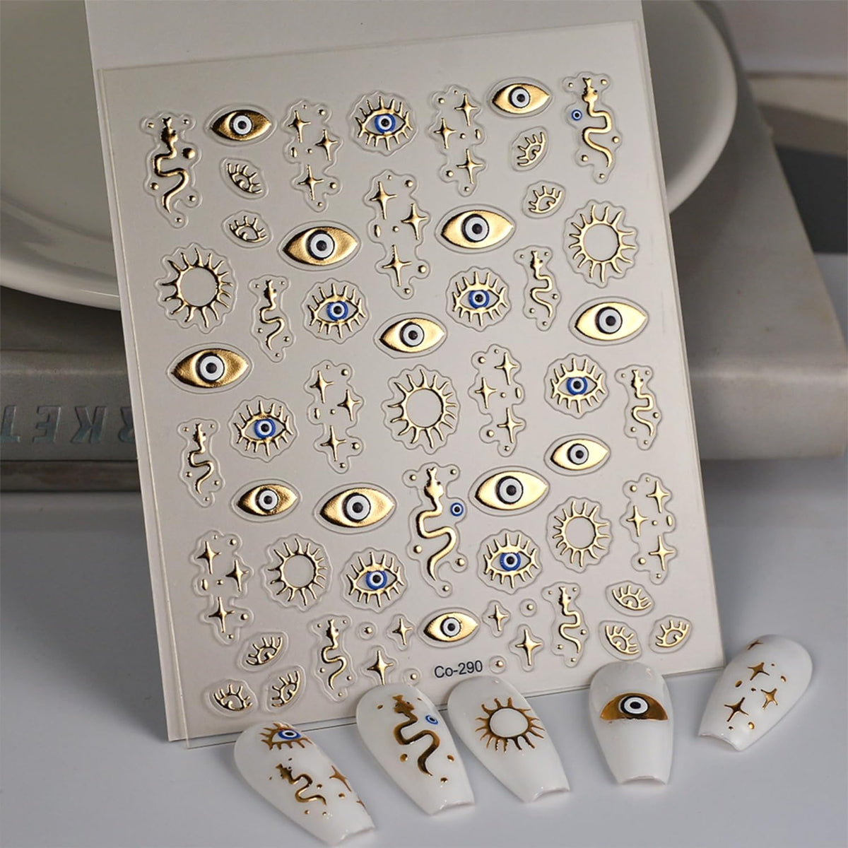 5D Embossed Gold Nail Stickers for Nail Art Evil Eyes Nail Art Stickers Decals for Acrylic Nails Self Adhesive Star Nail Decals Design Gold Nails Supplies for Women Girls