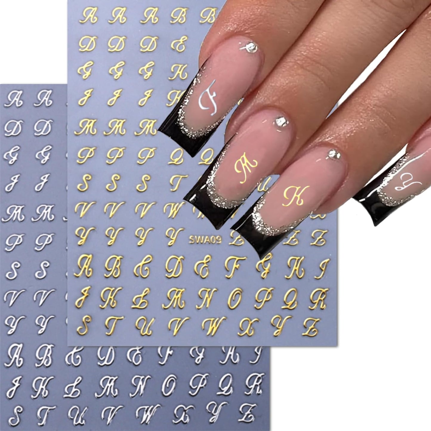 12 Sheets Letter Nail Stickers for Nail Art 3D Self Adhesive White Black Silver Gold Nail Art Stickers English Nail Decals Letter Decoration Accessories for Women Girls DIY Acrylic Nails