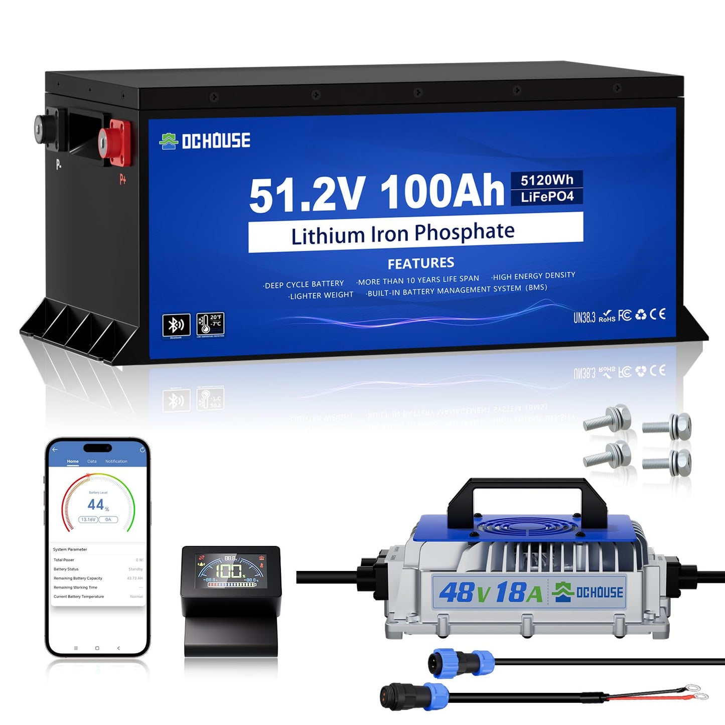 DC HOUSE Metal Case 48V 100Ah Pro Lithium Golf Cart Battery, 200A BMS Lifepo4 Battery with 48V 18A Charger, Bluetooth Mobile APP & LCD Monitor, Peak Current 700A