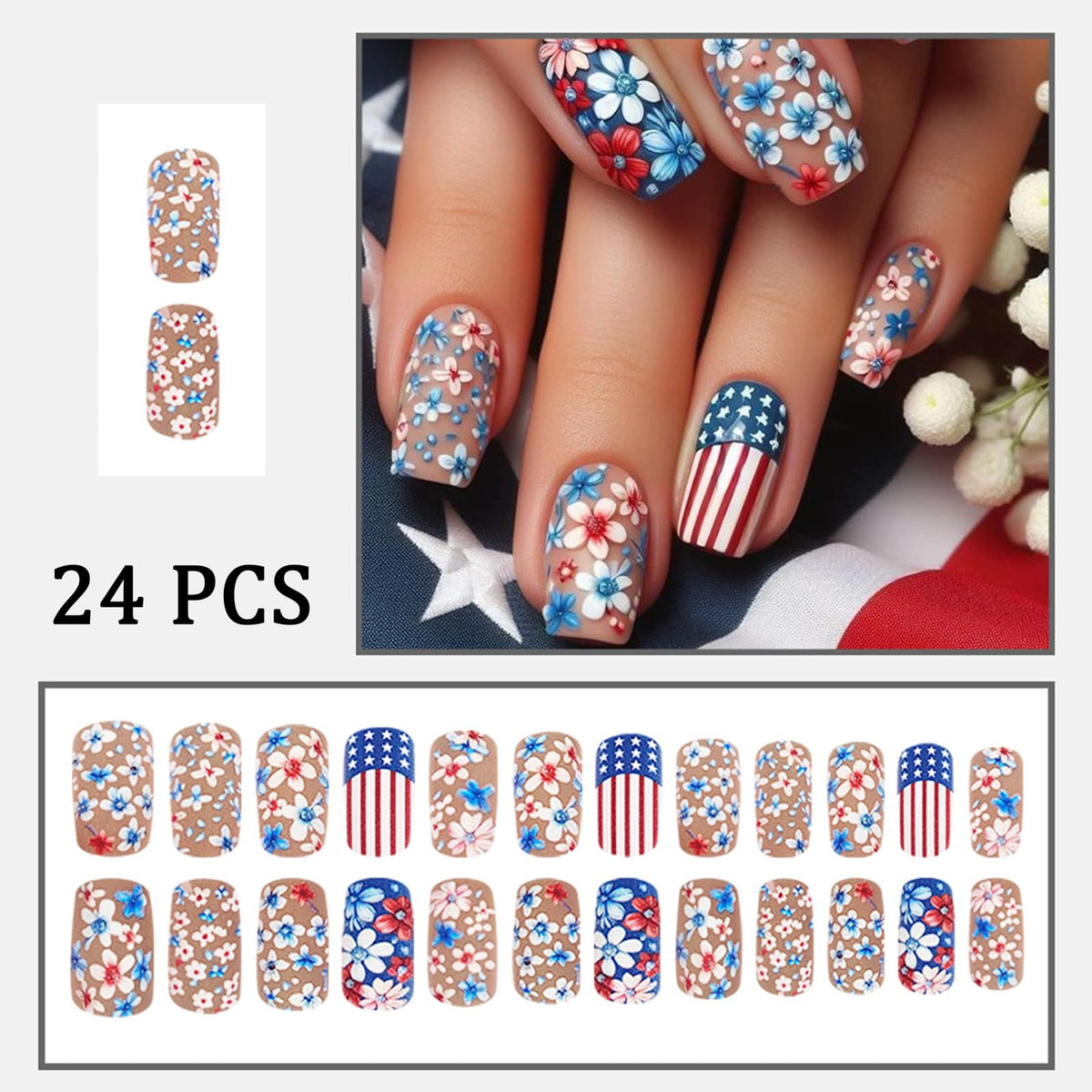 Flower Press on Nails Medium Square Cute Colorful 3D Flowers Fake Nails with America Flag Design False Nails Colorful Floral Full Cover Scrub Spring Summer Acrylic Nails for Women DIY Manicure 24 Pcs