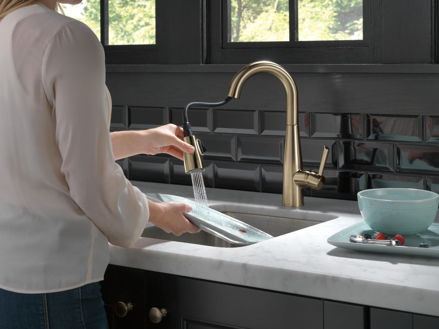 Delta Essa Brushed Gold Bar Sink Faucet with Pull Down Sprayer, Modern Single Hole Prep Sink Faucet, Single Handle, Champagne Bronze 9913-CZ-DST