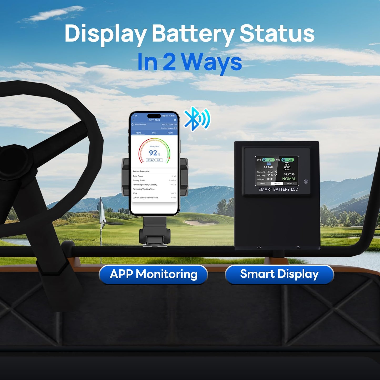 DC HOUSE 48V 100Ah Lithium Golf Cart Battery, Sturdy Metal Case Lifepo4 Battery with 48V 18A Charger, Bluetooth Mobile APP &Touch LCD Monitor, Built-in Smart 200A BMS, Peak Current 1000A Max