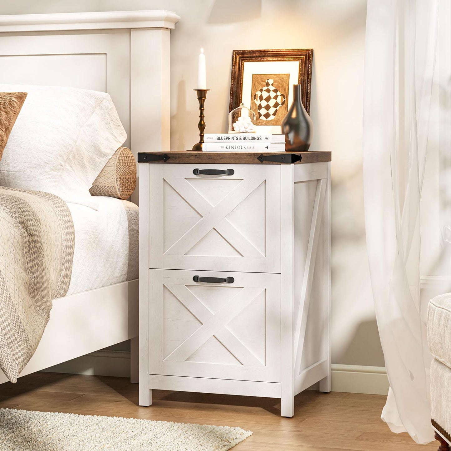 Halitaa 2 Drawer Small File Cabinet, Farmhouse Vertical Filing Cabinet Fits Letter and A4 Size, Under Desk Wooden File Cabinets for Home Office, Printer Stand, Rustic White