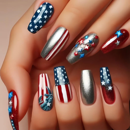 Independence Day Press on Nails Long Square Fake Nails Red Blue Star Stripe Design 4th of July False Nails Glitter Stick on Nail Gradient Glue on Nail for Women Holiday Decoration Art Nail Supplies