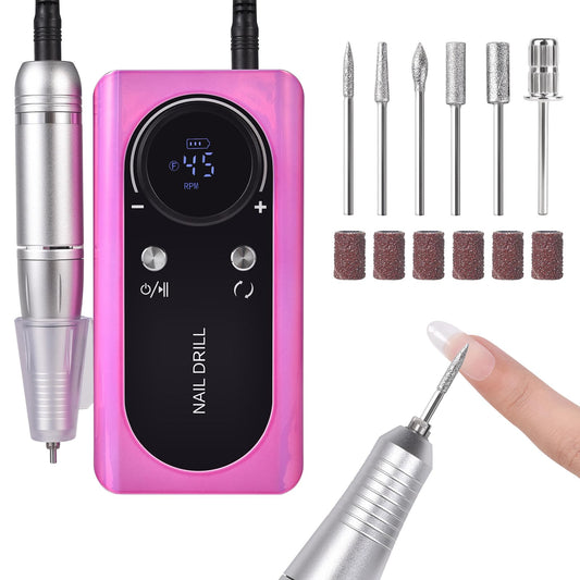 siyuwuro Portable Nail Drill 45000 RPM Professional Cordless Rechargeable Electric Nail File for Removing Polishing Acrylic Gel Nails with 6 Drill Bits & Sanding Bands, Nail Salon Home Use, Purple