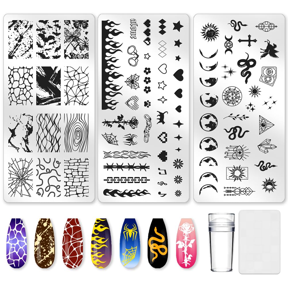 beinkmake 3Pcs Punk Nail Stamping Plate Set Snake Heart Maniology Stamping Plate French Line Tip Nail Plates Flames Star Stainless Steel DIY Reusable Tools with Stamper Scraper for Manicure Printing