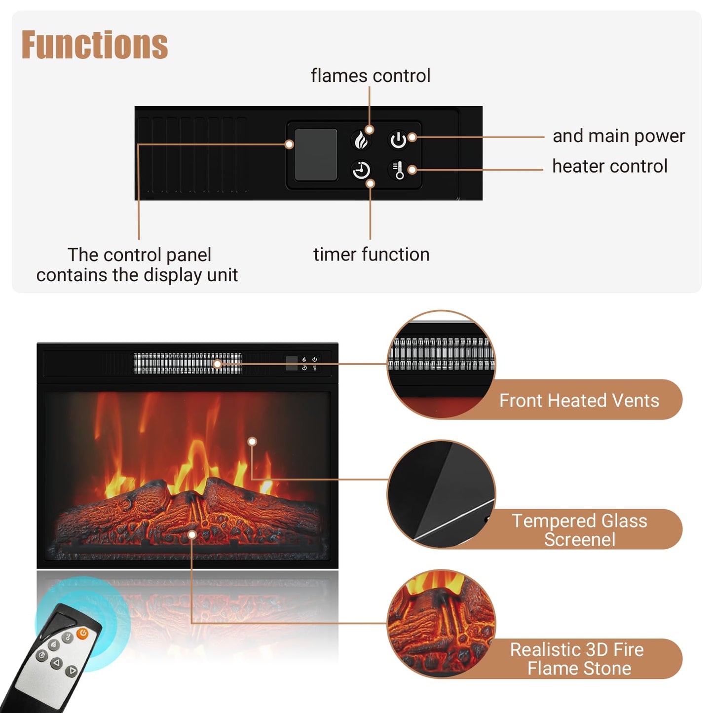 67" Electric Fireplace with Mantel and Cabinets, Stand for TVs up to 80" with 23" Electric Fireplace Remote Control for Living Room or Bedroom