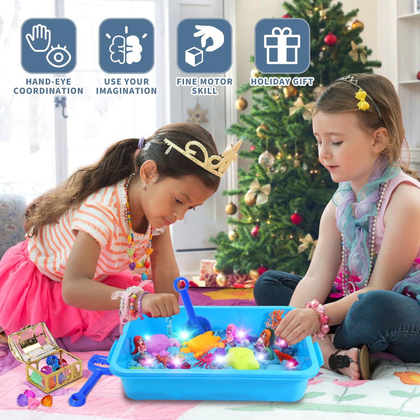 GAIETYDIY Mermaid Sensory Bin for Girl, Magic Sand Art Kit with LED Light, 2.2lbs Sensory Sand, Ocean Sea Animals, Sand Box with lid, Mermaid Toy Christmas Birthday Gift for Girls Ages 3 4 5 6 7 8…