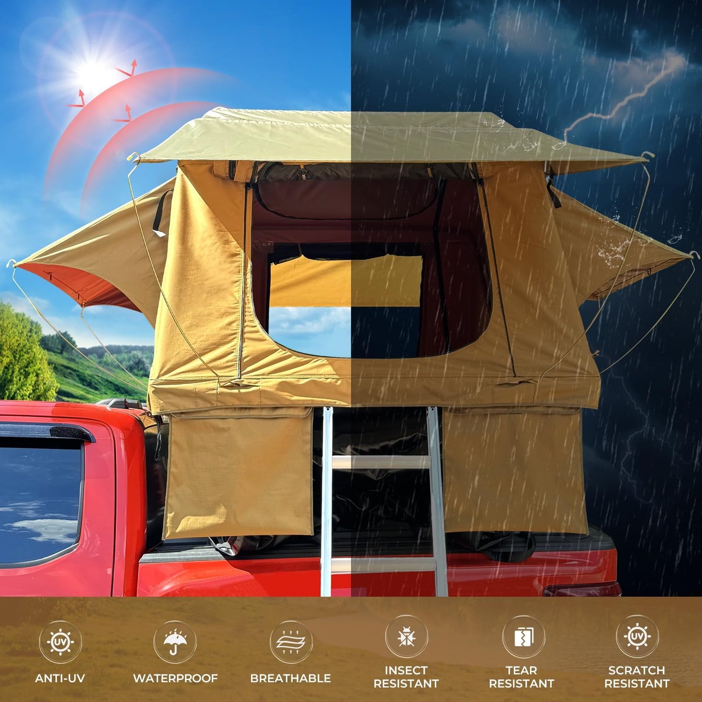 TopAutoGear Rooftop Tent for SUV & Truck Camping, Soft Shell Roof Top Tent, Quick-Setup Design with Telescopic Ladder and LED Lighting for 2-3 Person Family Adventures