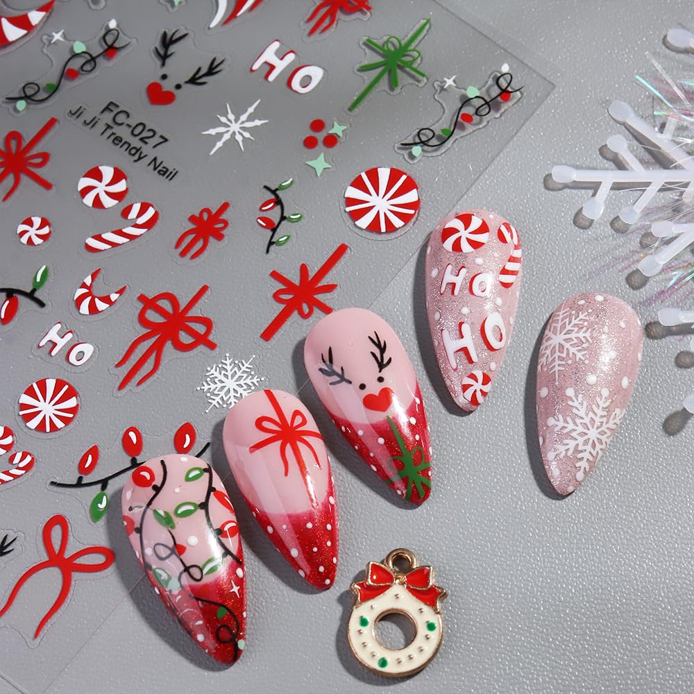 Christmas Gift Bow Nail Art Stickers 3D Self-Adhesive Christmas Candy Nail Art Stickers Christmas Elk Light Nail Decals Snowflake Bow HO Letter Nail Design Nail Supplies for Women DIY Nail Decorations