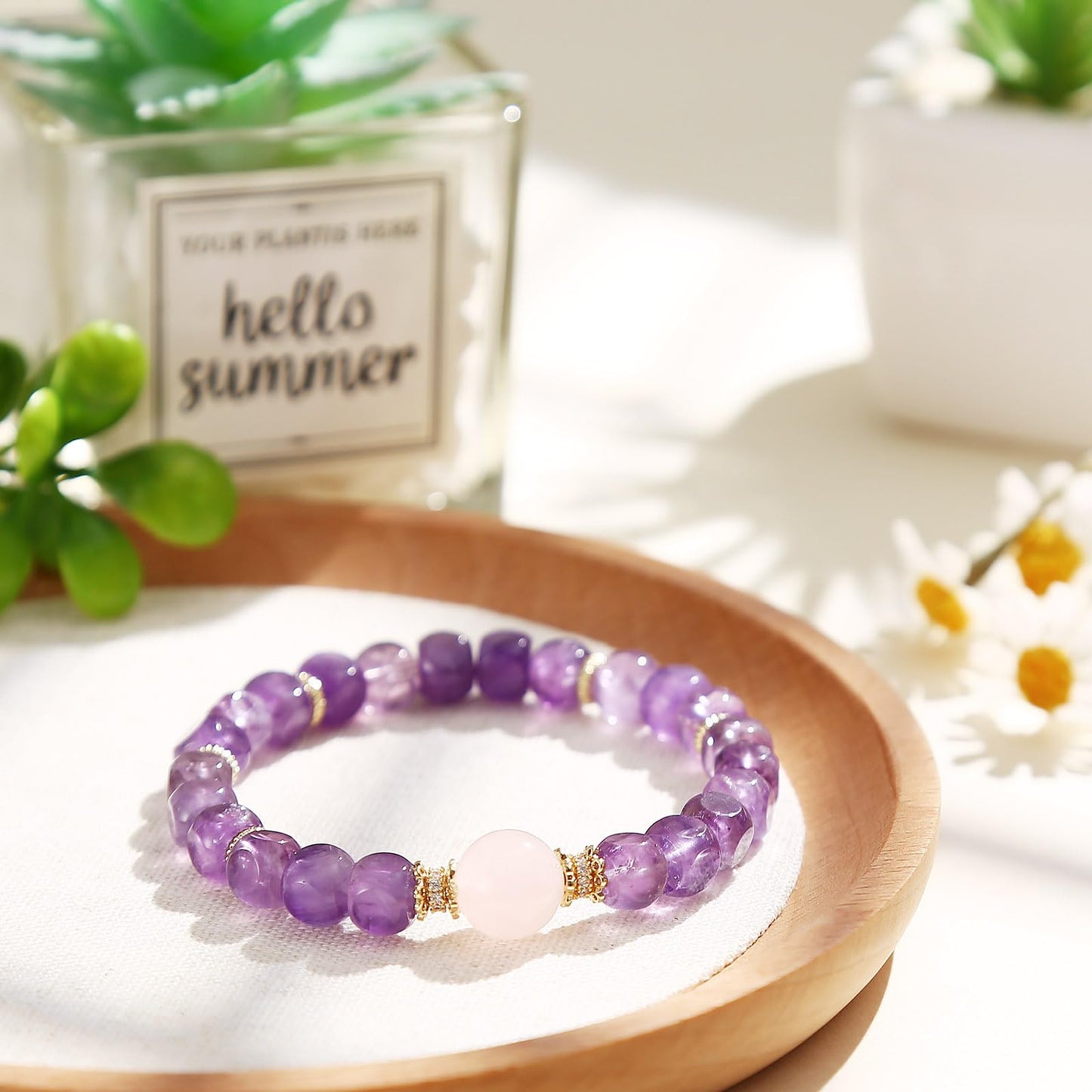 Magiriam Natural Amethyst Faceted Square Sugar Shape with Rose Quartz Bracelet Healing & Anxiety Crystal Bracelet - Gift for Women Lady and Friend