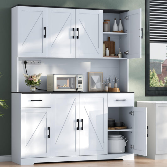 Gyfimoie 71’’ Tall Kitchen Pantry Cabinet with Charging Station, Wider Farmhouse Kitchen Storage Cabinet with Countertop Freestanding Hutch with Storage Drawers & Doors for Living Dining Room (White)