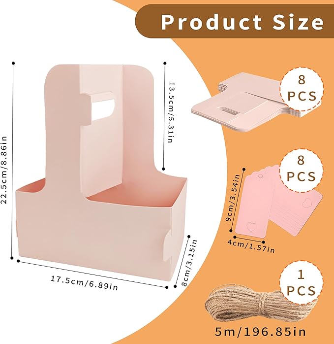 2 Cup Drink Carrier,8 Pack Coffee Cup Holders with Handle,Cardboard Cup Holders for Hot or Cold Drinks,Coffee Carrier with Ribbon and Card,Food Delivery Services and Bouquet(Pink)