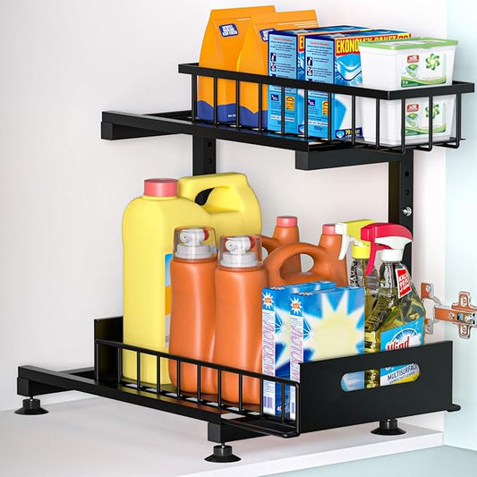 Saydear Under Sink Organizer, 2-Tier Premium Metal Pull-Out Racks with Adjustable Height, Heavy Duty Sliding Bin for Bathroom and Kitchen Cabinet Storage, Rust Resistant 1 Pack Black