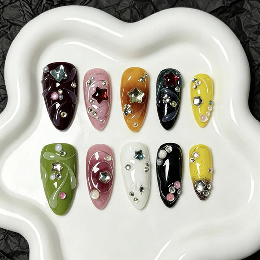 3D Press on Nail Almond Shape Fake Nails Full Cover Coloful Press ons with Rhinestones Star designs Cute False Nails Glossy Handmade Glue on Nails for Women Summer10pcs（m Size）
