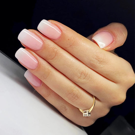 Qsnidy Press on Nails Square - French Ombre Pink Fake Nails Medium Acrylic Glossy Full Cover Stick On Nails for Women and Girls Daily Wear, Natural Fit Glue on Nails in 12 Sizes - 24 Nails Kit