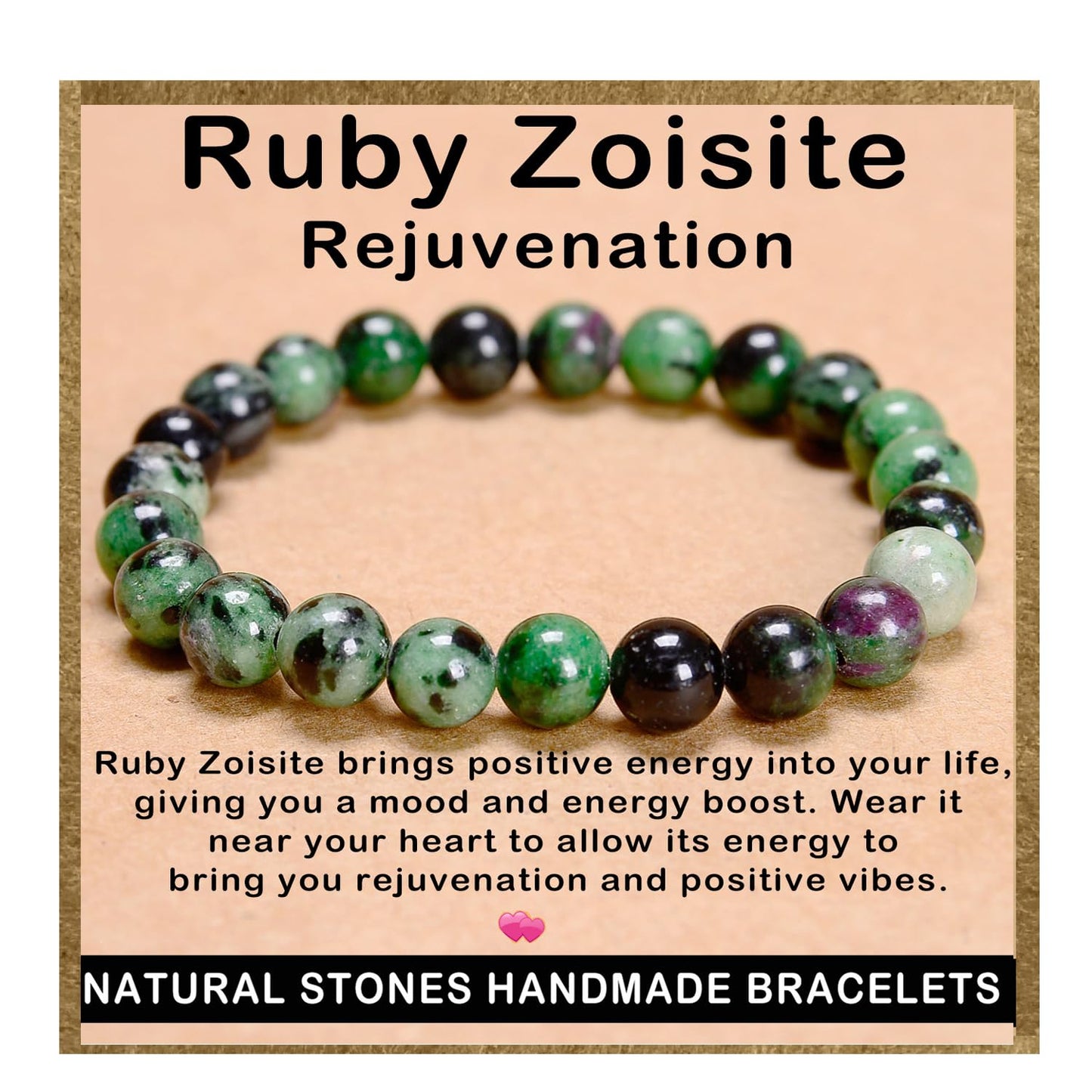 AD Beads Handmade Gemstone Stretch Elastic Bracelet Crystal Healing Reiki Nature's Beauty and Spiritual Essence Unisex (8mm, Ruby Zoisite (Rejuvenation))