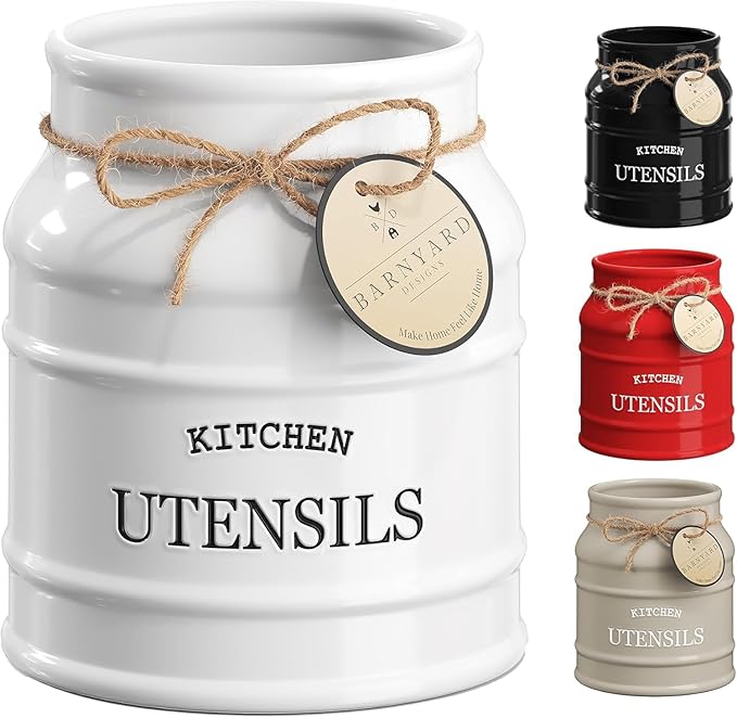 Barnyard Designs Ceramic Farmhouse Utensil Holder for Kitchen Counter, Large Rustic Utensil Crock, Countertop Cooking Tool Spatula Organizer, 6.75â (White)