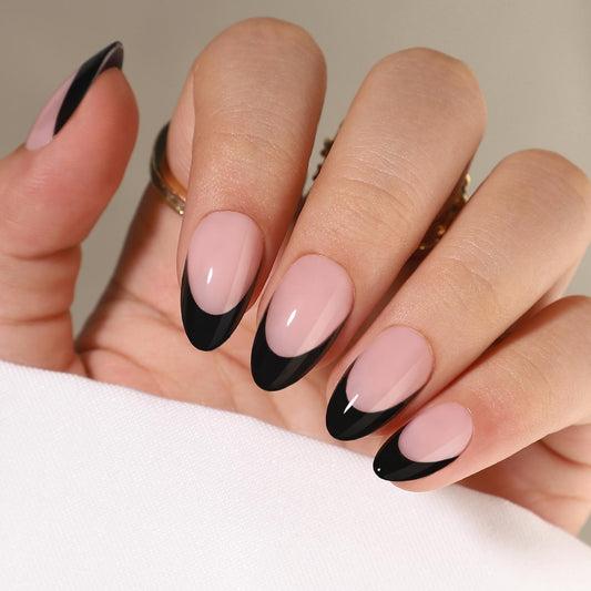 WAFOLOZE Black French Tip Press On Nails - Press On Nails Almond, Short Fake Nails with Nail Glue, Artificial Nails 16 Sizes - 32Pcs Reusable Soft Gel False Nails Tips Kit, Glue On Nails Short