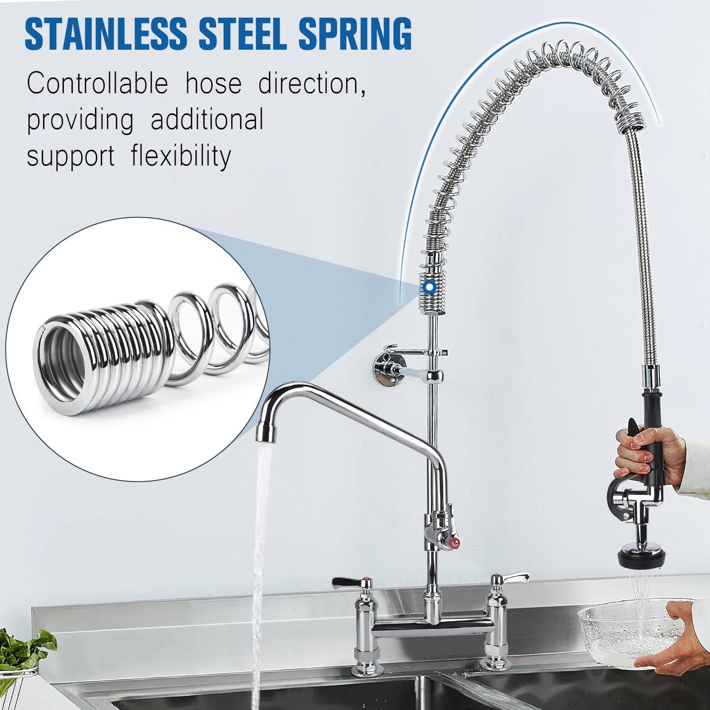 21" Height Commercial Sink Faucet Deck Mount with Pre-Rinse Sprayer, Commercial Kitchen Faucet with 8" Add-on Swing Spout Faucet & Spring Pull Down Sprayer, 8" Adjustable Center Kitchen Faucet