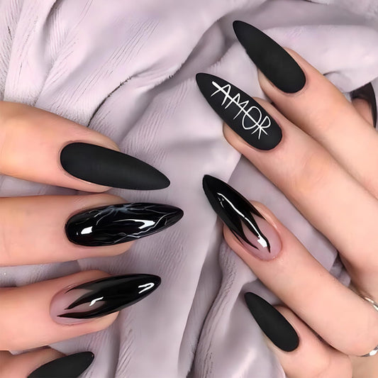 Press on Nails With Gothic Design, Matte Blue Fire Fake Nail, Long Stiletto False Nails White Fog Glue on Nail, Letter Stick on Reusable Acrylic Fingernails for Women Summer Vacation