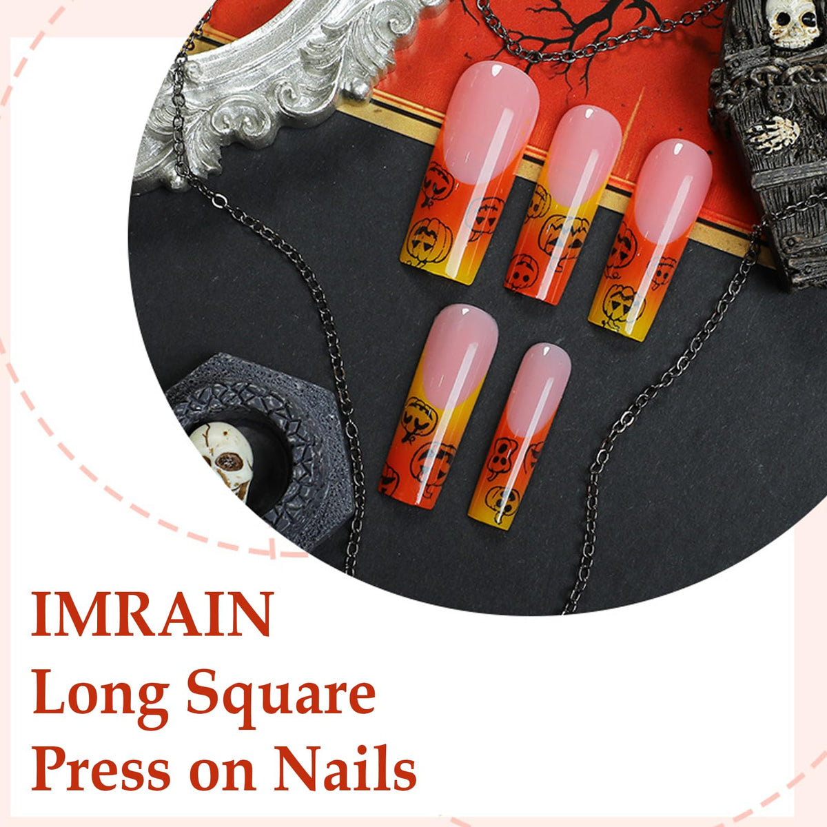 IMRAIN Pumpkins Press on Nails Long Square Fake Nails French Nail Tips Full Cover Cute Orange Yellow Ombre Glue on Nails Glossy Acrylic False Nails