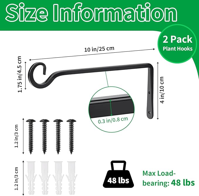 MOWPOG Metal Hanging Plant Hooks, 2 Pack 10 Inch Wall Hooks for Hanging Plants, Bird Feeder, Flower Basket, Wind Chimes, Indoor Outdoor (Black)