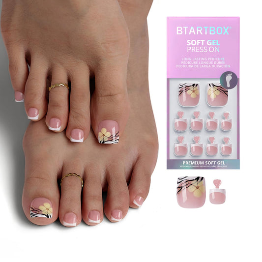 BTArtbox Press On Toenails Short - Isle Plumeria Pedi, Easy-to-Apply Flower French Tip Square Toe Nail Press Ons with Glue and Adhesive Tabs in 15 Sizes - 30 Toenails All-in-One Kit