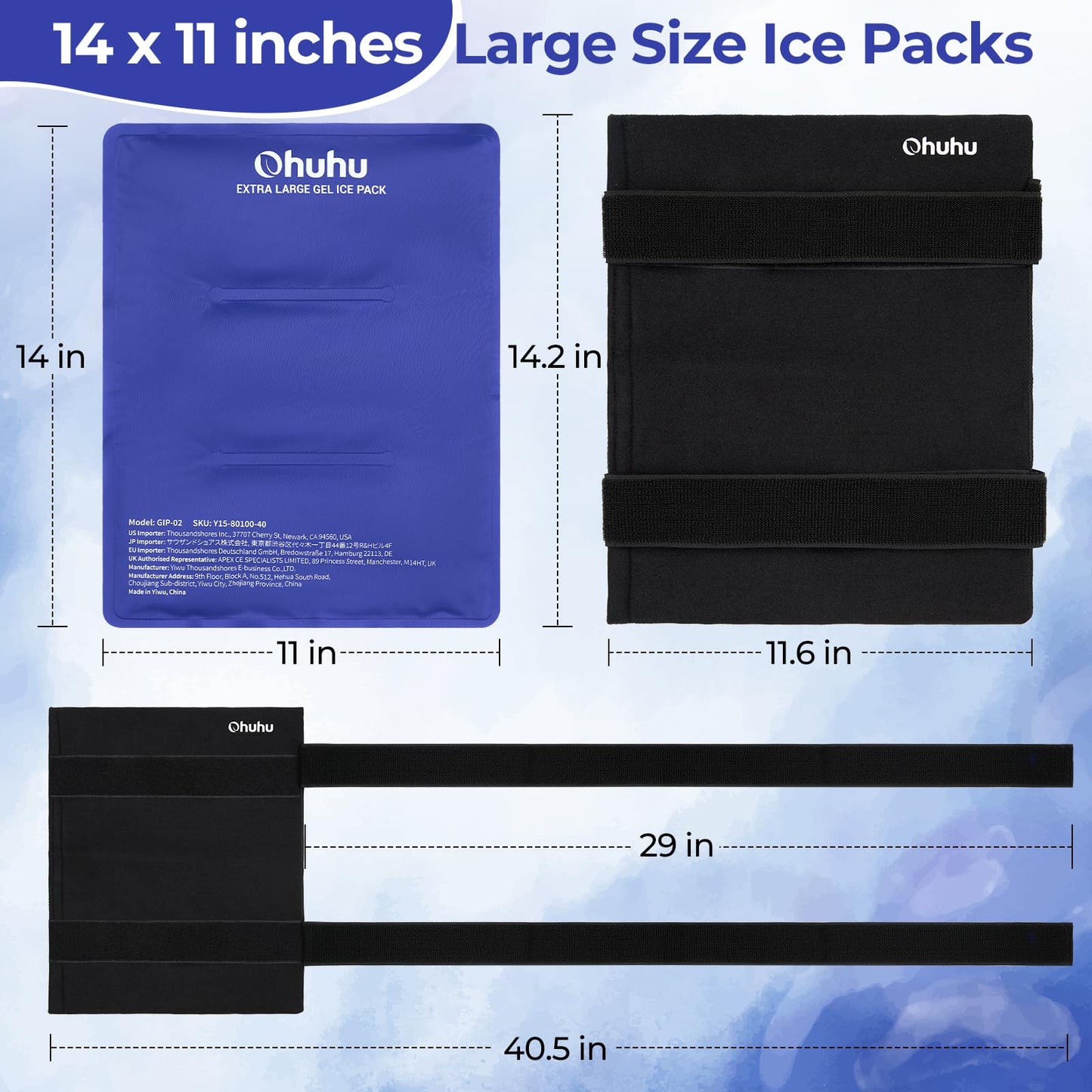 Ice Packs for Injuries 14" X 11"": Ohuhu 2 Pack Hot Cold Gel Ice Pack X-Large Reusable Ice Packs with Wrap Flexible Pain Relief for Shoulder Legs Knee Back Hip Aches Injury Muscle Pain-Blue"