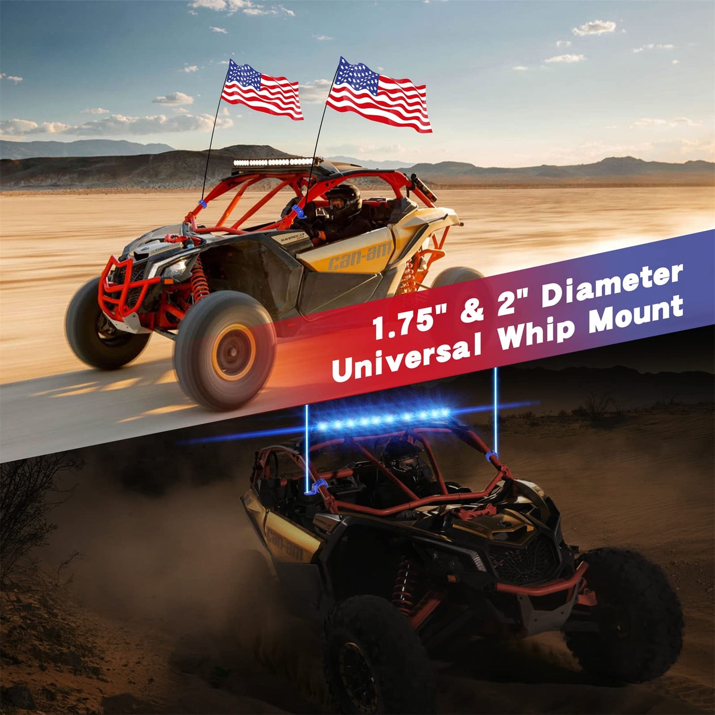 ZIDIYORUO UTV Whip and Spot Light Mount, 360 Rotating Flag Hole, Aluminium Alloy, 1.75" to 2" Roll Cage (2 PCS Blue)