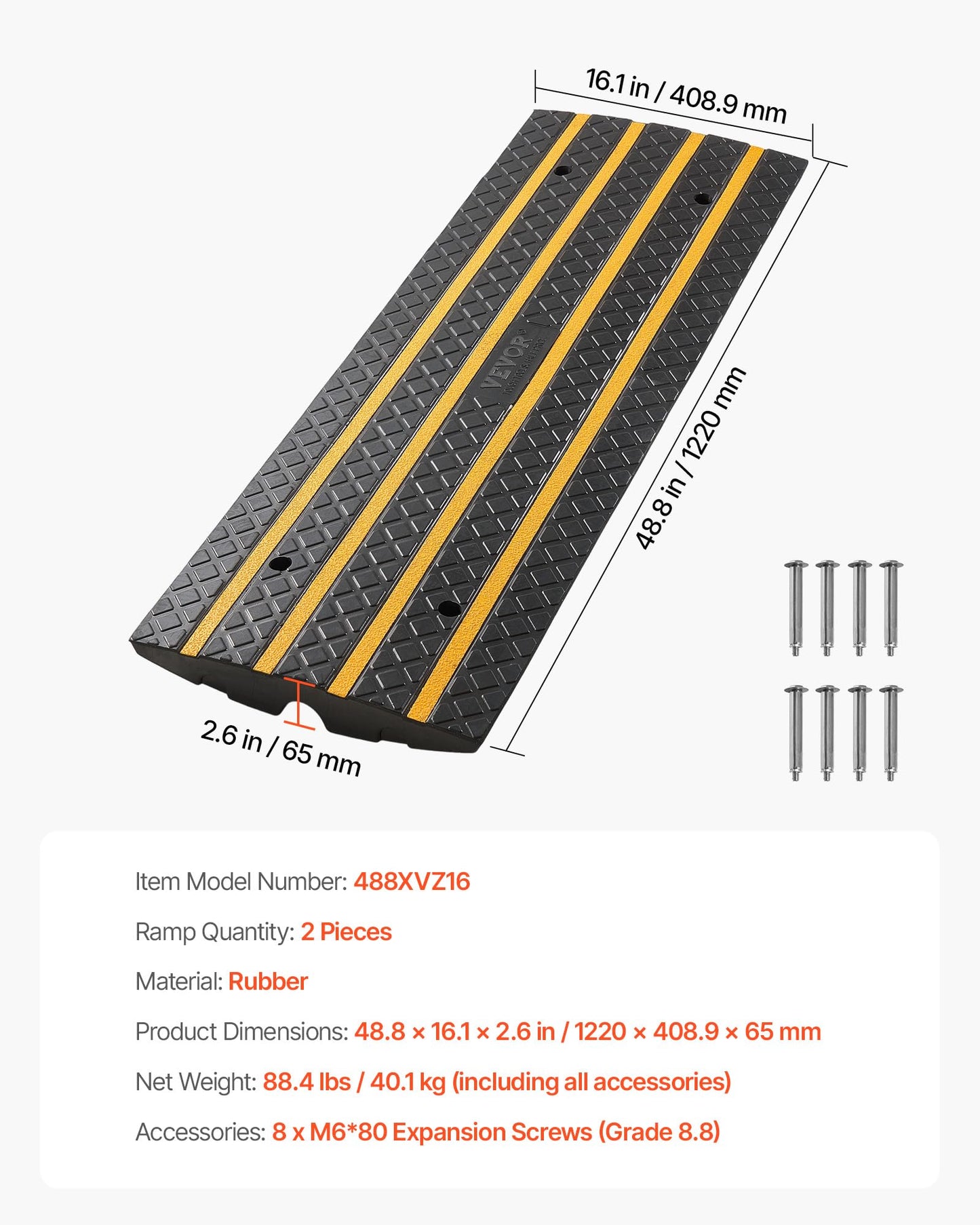 VEVOR Car Driveway Rubber Curb Ramp, 2 Pack 48.8-inch-Long Heavy Duty Low Profile Slope Ramps, 2.6’’ Rise, 33069 lbs Load Capacity, Reflective Safety Strips, for Vehicles, RVs, and Wheelchairs
