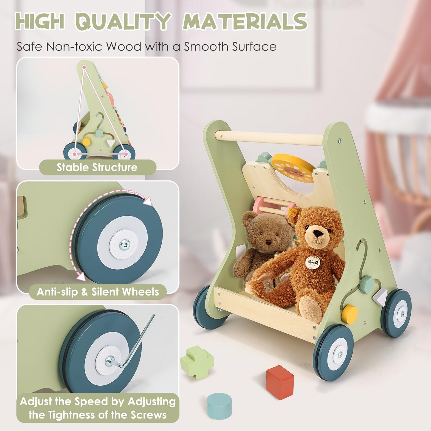 Baby Push Walker, Wooden Baby Walker with Wheels, Montessori Walker for Babies 6-12 Months, Adjustable Speed Push Walking Toys for Boys & Girls 1 Year Old, Christmas Birthday Gifts for Toddler