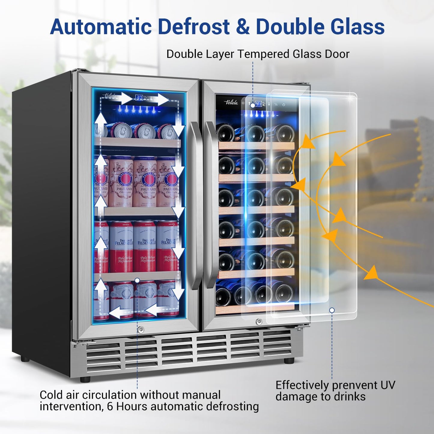 Velieta Wine and Beverage Refrigerator 30 Inch, Upgrade Dual Zone Wine Cooler, 30'' Wine beverage Fridge Built in or Freestanding Under Counter Large Capacity Glass Door Advanced Cooling System