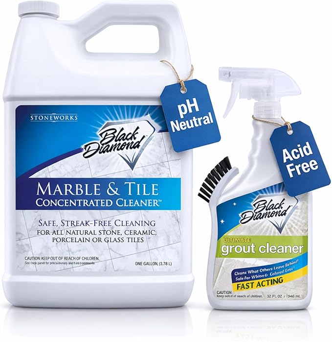 Black Diamond Stoneworks Marble & Tile Cleaner Gallon + Ultimate Grout Cleaner with Brush Quart (2-Pack) â Safe for Natural Stone, Deep Grout and Tile Cleaning to Restores Shine