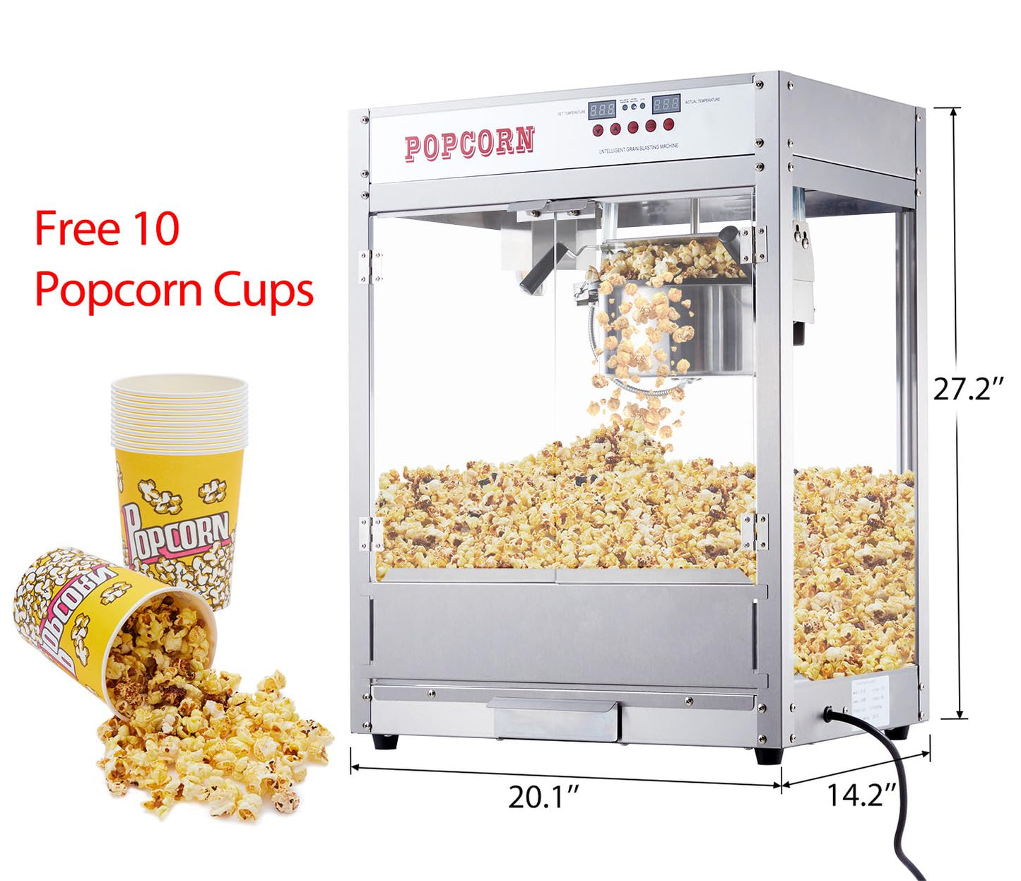 RIEDHOFF 8 OZ Popcorn Machine, [3 Mins Get 40 Cups] [Temperature Control] [Digital Display] Popcorn Maker Machine with 10 Pcs Popcorn Buckets, Old Fashion Movie Theater Style- Sliver