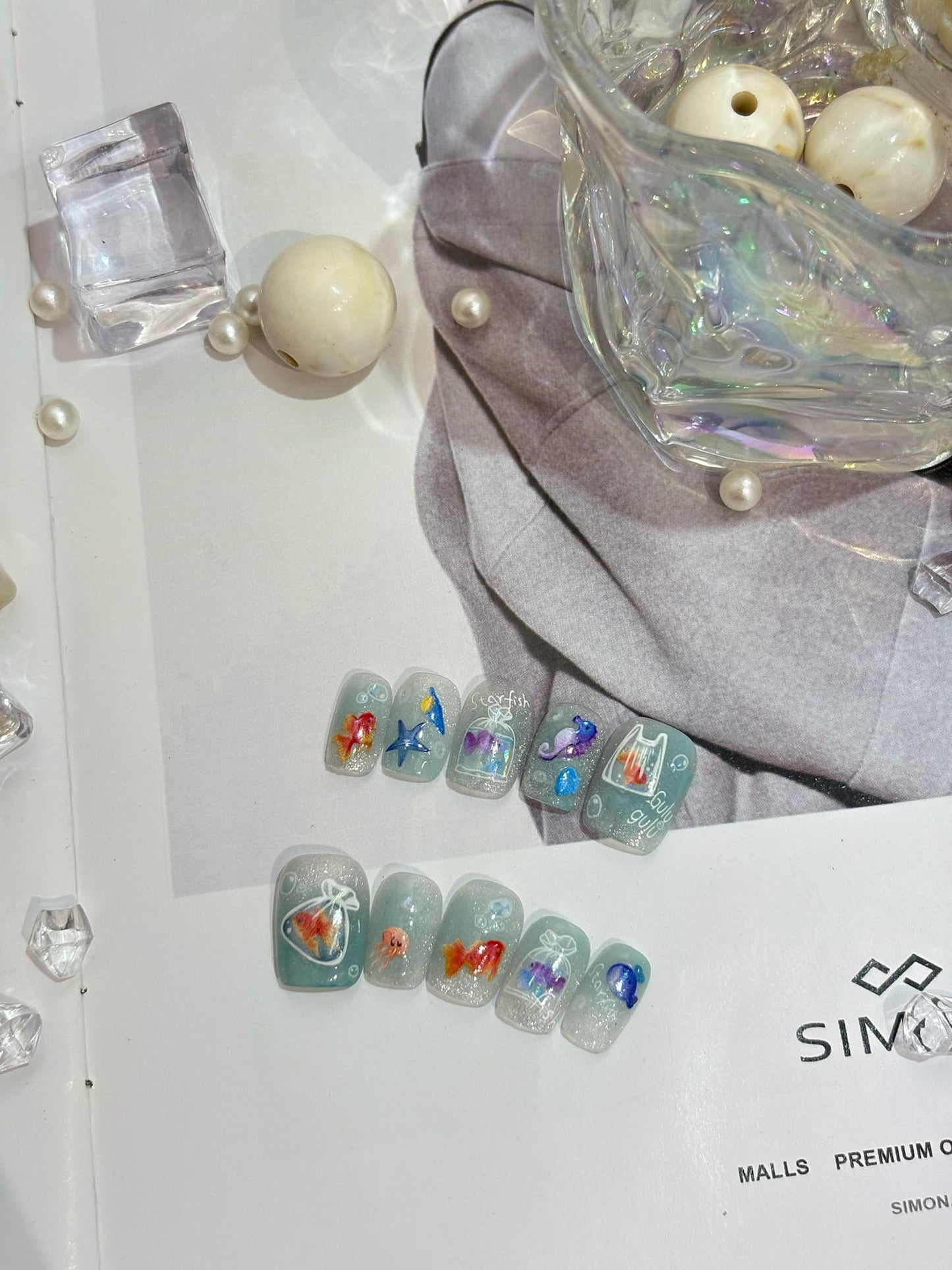 SIMAYKUWA Jelly Bag 3D Goldfish Nail Stickers - 5D Relief Ocean Theme Bubble Water Nail Art Decor, DIY Easy Apply Fake Nails for Women Girls, Cute Long Lasting Manicure Accessories A Set of 2 Sheets