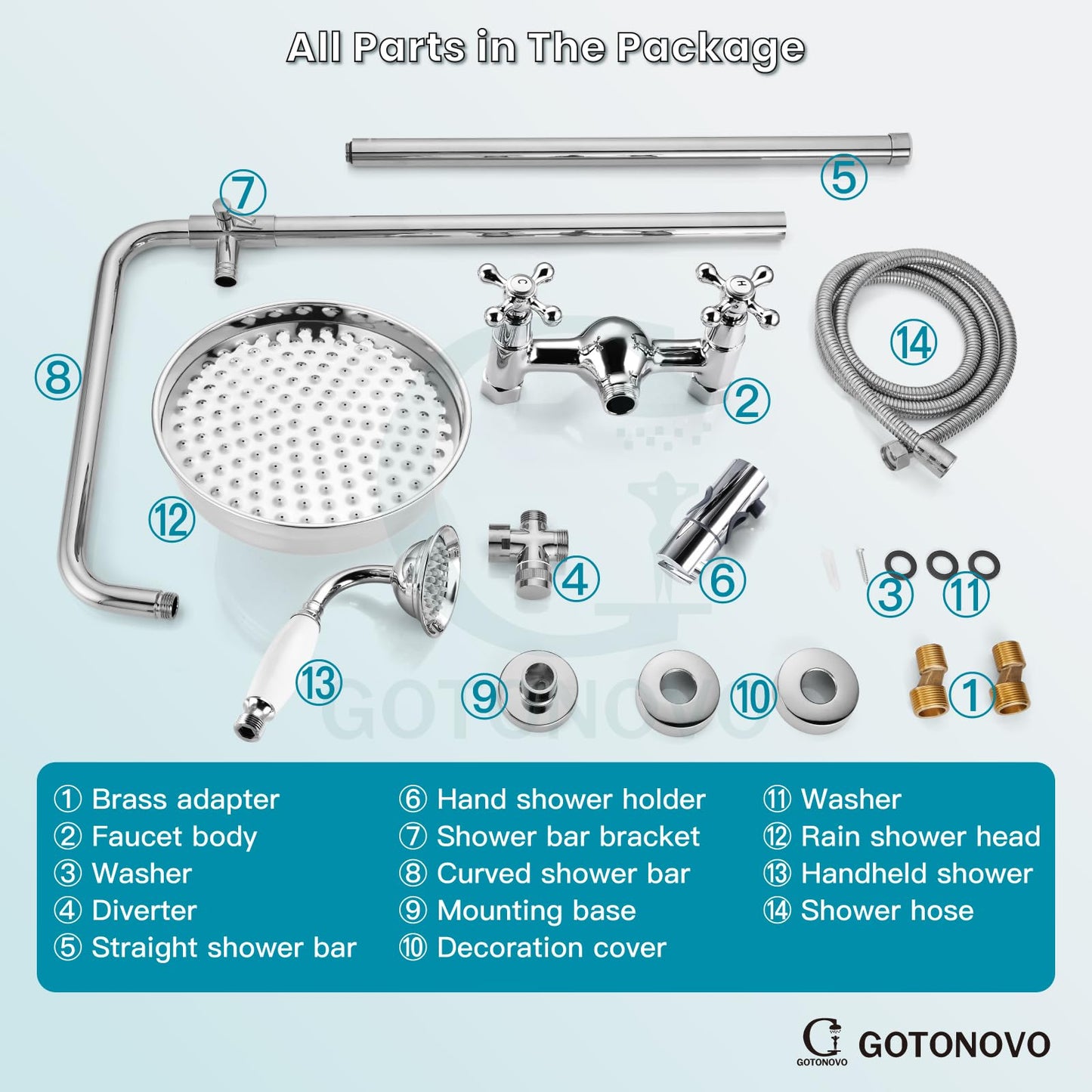 gotonovo Luxury Exposed Shower Faucet Set Bathroom Shower System 8 Inch Wall Mount Rainfall Shower Head with Handheld Spray Cross Double Handle Shower Fixture Adjustable Straight Rod Polish Chrome