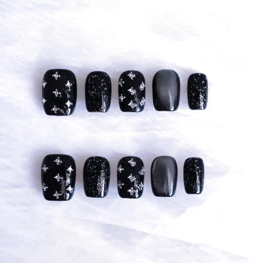 BlackStar - Handmade Press on Nails, Black Starry Sky with Cat Eye, Rhinestone Bling, Short Square Shape, 10PCS (XS Size, SS)