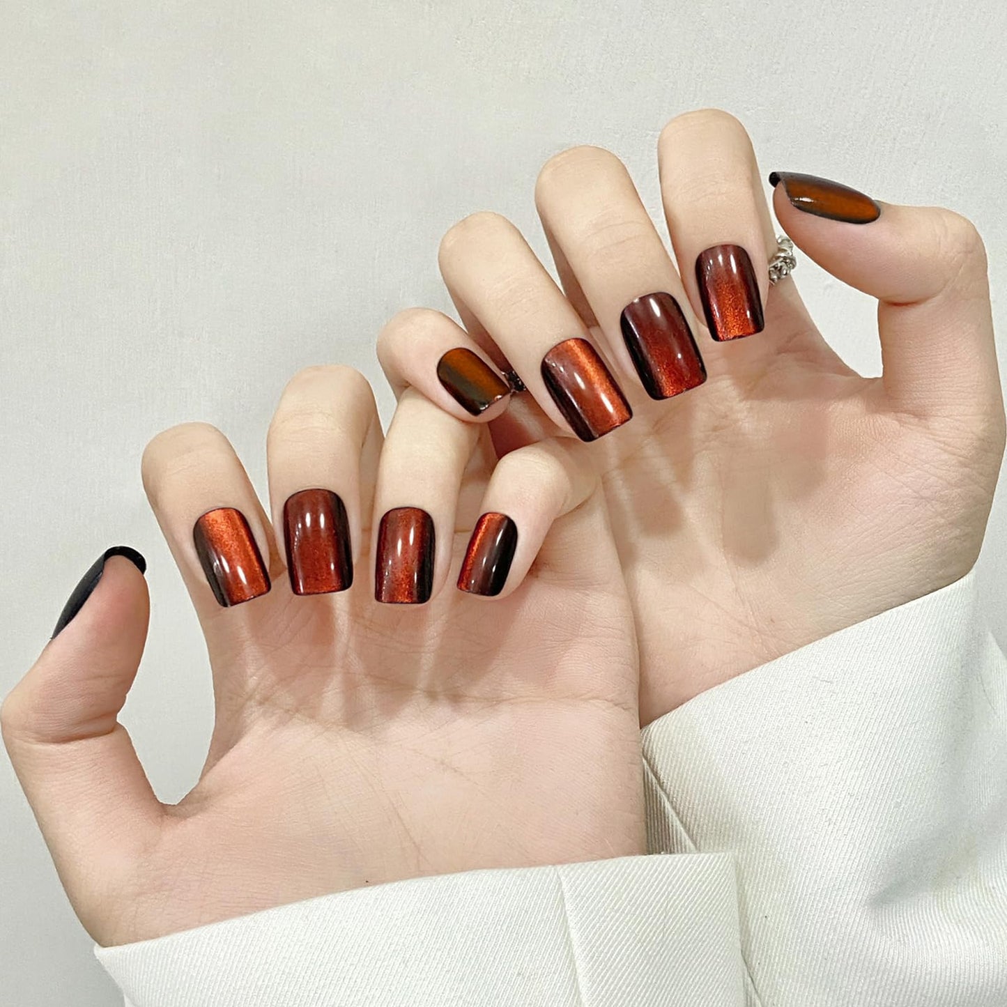 Orange Red Cat Eyes Press On Nails,12 Sizes-24 Pcs Soft Gel Orange Red Medium Square Fake Nails Kit with Nail Glue, Natural Reusable Stick On False Nails for Women and Girls (Skycloud Nails) SK0929