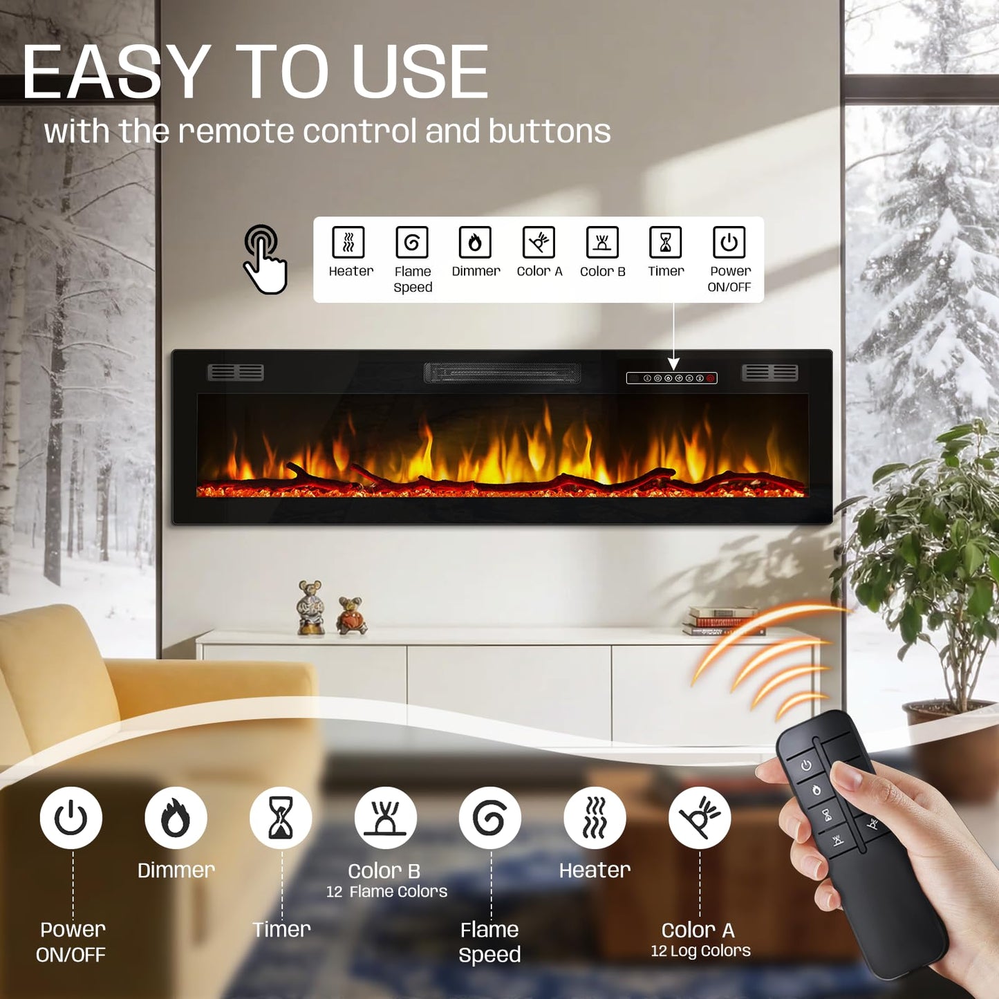 Tornivk 72 Inch Electric Fireplace Heater,Wall Mounted/Recessed Electric Fireplace Insert,Ultra-Thin 750/1500w in Wall Fireplace Electric with Remote Control,Logs,Crystal for Bedroom,Livingroom