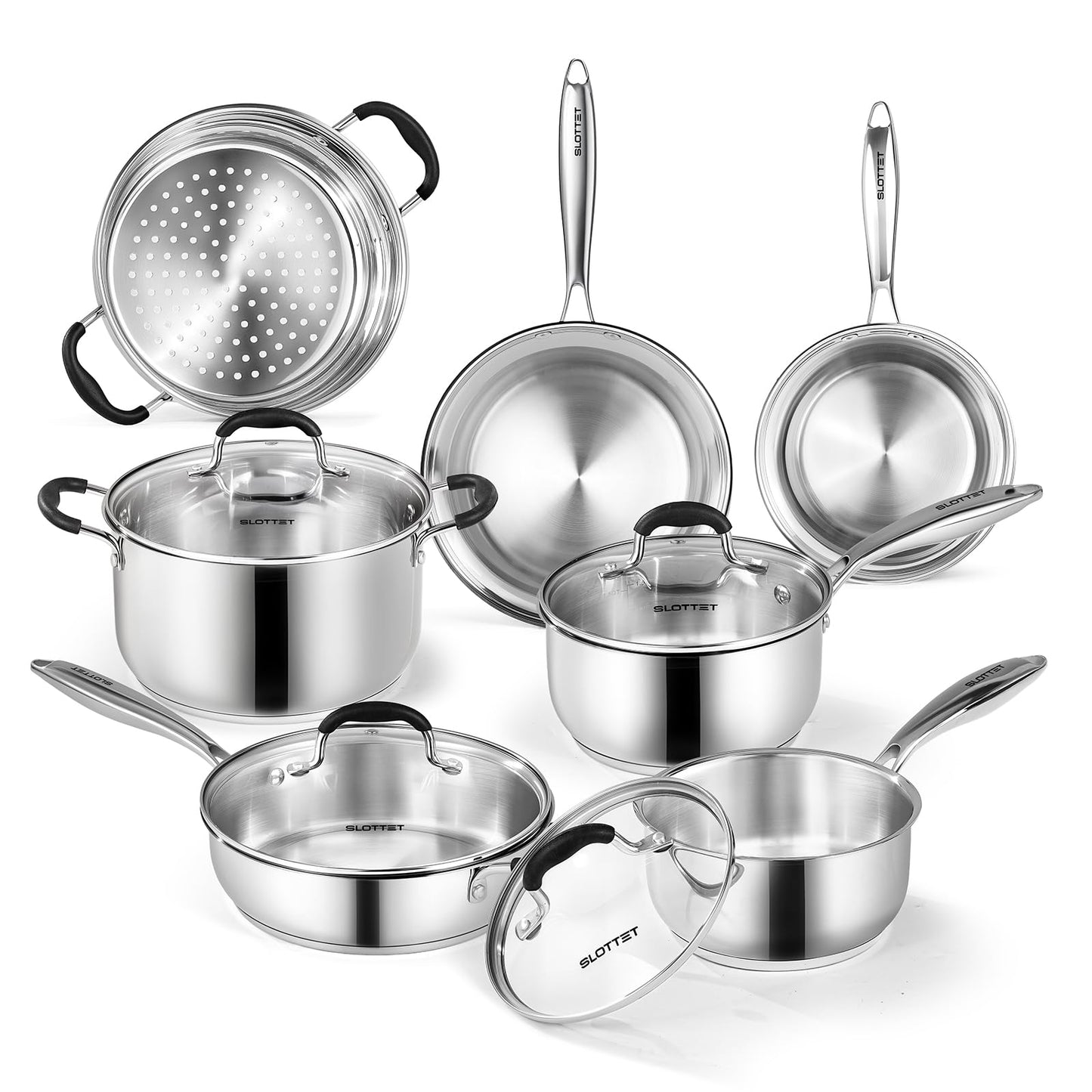 SLOTTET Stainless Steel Kitchen Cookware Set,11 Piece Pots and Pans Set with Steamer,Heat-resistant Handle,Non-Toxic,Induction,Oven,Dishwasher Safe