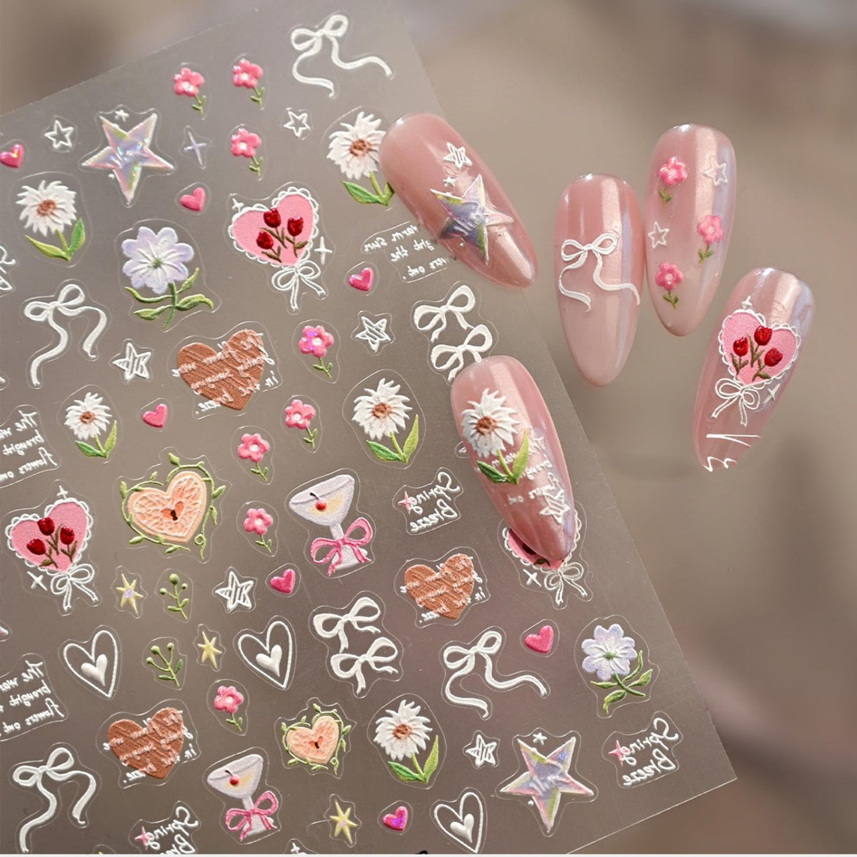 Flower Nail Stickers Decals Heart Nail Stickers for Nails Art 5D Embossed with Design Self Adhesive Spring Summer Nails Decals for Women Manicure Decoration Accessories