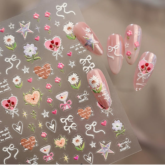 Flower Nail Stickers Decals Heart Nail Stickers for Nails Art 5D Embossed with Design Self Adhesive Spring Summer Nails Decals for Women Manicure Decoration Accessories