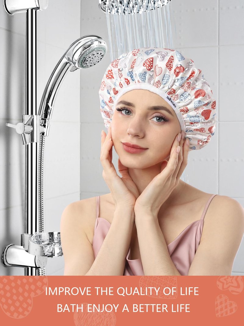Years calm Terry Lined Shower Cap, Triple Layer Heart Motifs,Waterproof Reusable Elastic,Hair Shower Cap for Women,Terry Cloth Shower Caps for Spa,Clean,Trave (White, One Size)
