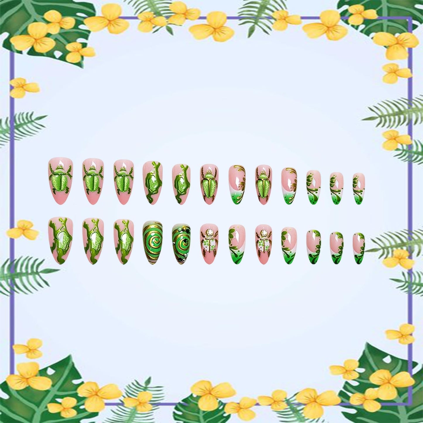 CJDLTS Pink Press on Nails Almond Shaped Artificial Acrylic French Gradient Fake Nails Green Golden Turtle with Metal Lines Long Design Glue on Nail Artificial Fingernails for Women Manicure 24Pcs