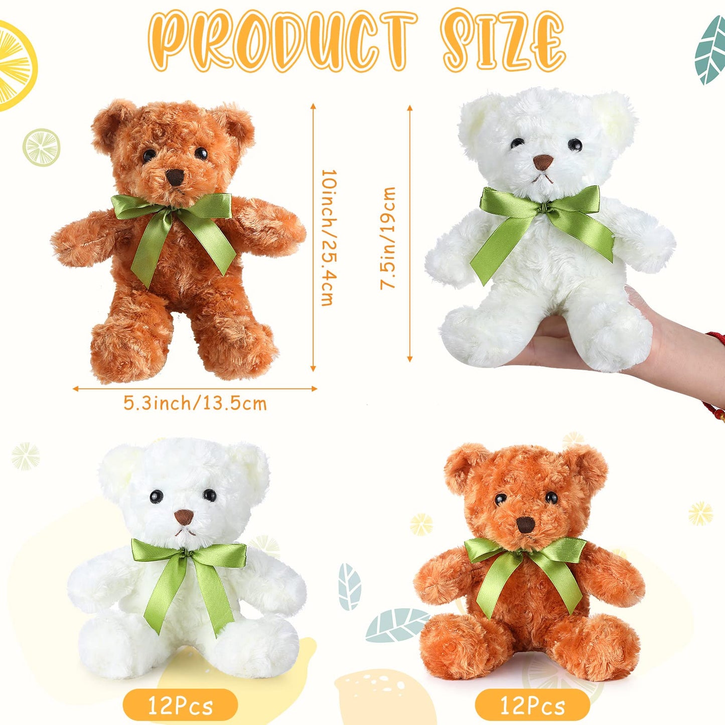 HyDren 24 Pcs Bear Bulk Plush Stuffed Animals 10 Inch Cute Soft Stuffed Bear with Green Bow for Kids Mother Birthday Gift Holiday Party Baby Shower Valentine Christmas(Light Brown, White)